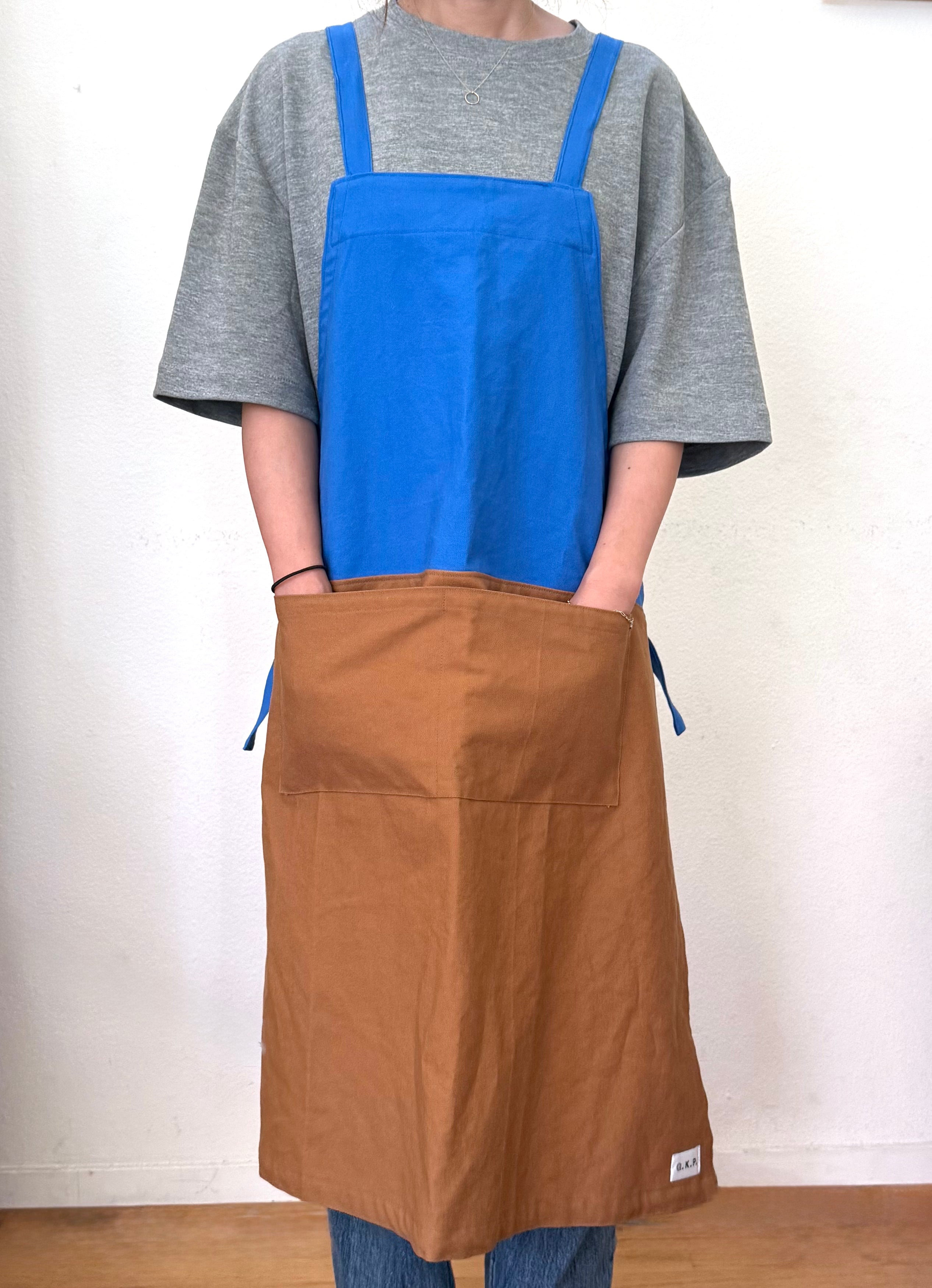 G.K.P. Apron: Organic Blue X Caramel