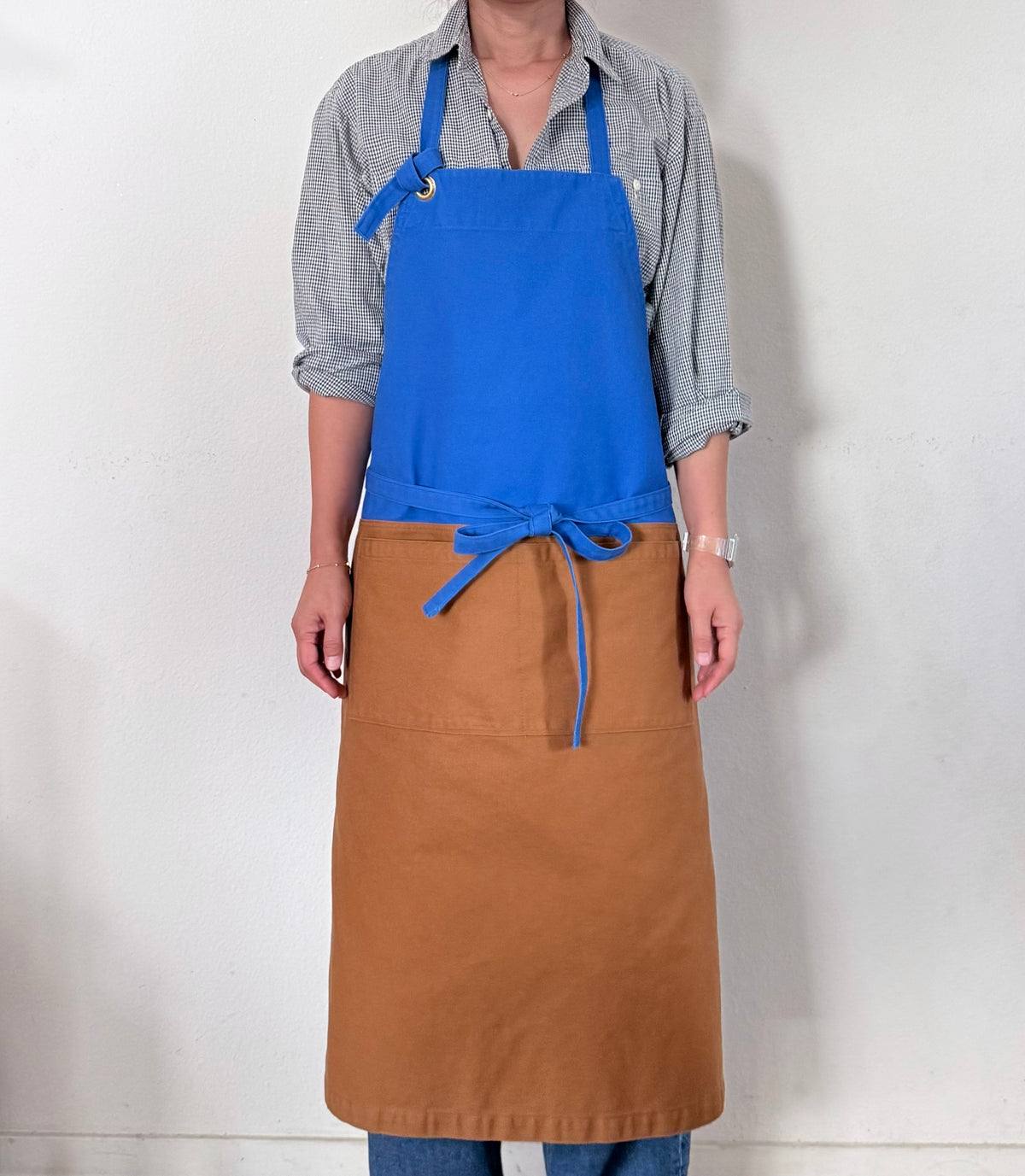 G.K.P. Apron: Organic Blue X Caramel